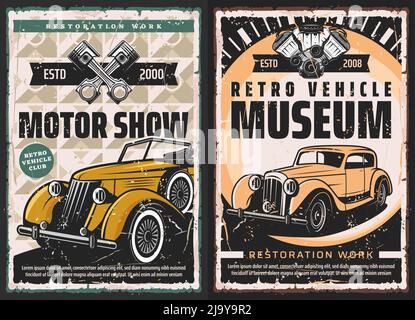 Musée des voitures de course d'époque, bannière d'exposition de véhicules anciens avec roadster classique, limousine et coupé cabriolet, illustration de pistons de moteur à combustion interne. Affiche vecteur voiture rétro Illustration de Vecteur