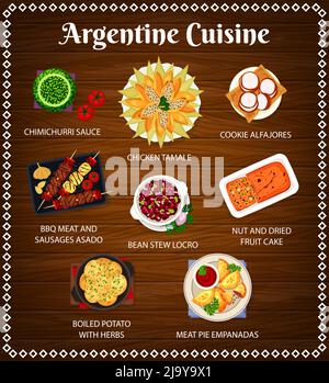 Cuisine Argentine, barbecue argentin et empanadas argentines avec chimichurri, menu de cuisine vectorielle. Ragoût argentin et grillades de viande barbecue, déjeuner et dîner restaurant, plats traditionnels Illustration de Vecteur