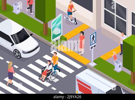 Les personnes handicapées traversent la rue en fauteuil roulant et utilisent la canne à cécité sur une chaussée tactile illustration vectorielle de composition isométrique Illustration de Vecteur