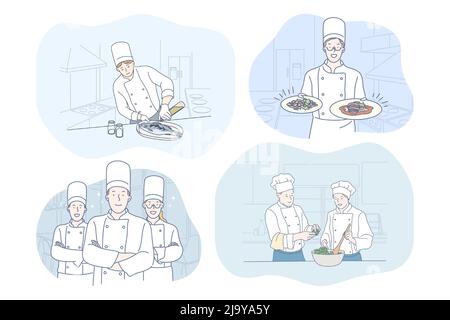 Cuisine, chef, restaurant, recette, concept alimentaire. Jeunes gens positifs hommes et femmes cuisiniers professionnels en tabliers cuisant divers plats et repas dans les restaurants. Menu gastronomique, délicieux et savoureux Illustration de Vecteur