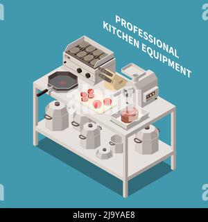 Équipement de cuisine professionnel appareils composition isométrique avec hachoir à viande industriel illustration vectorielle des poêles électriques à griller des couteaux de chef Illustration de Vecteur