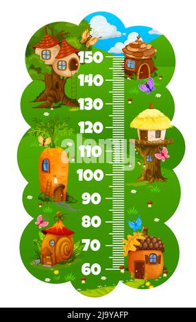 Tableau de hauteur pour enfants règle dessin animé village elf avec maisons de fées. Échelle de mesure de croissance vectorielle avec nid, cône de pin, arbre, carotte, coquille d'escargot et habitations de fantaisie d'Acorn dans les stadiomètres de forêt ou de jardin Illustration de Vecteur