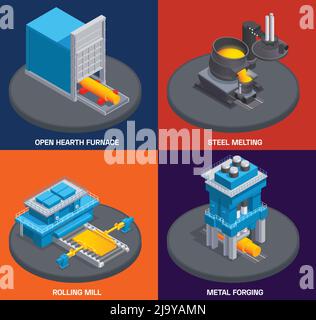 Industrie de la fonderie métallurgique concept de conception isométrique avec images de l'usine illustration vectorielle de laminoir de four et d'autres installations Illustration de Vecteur