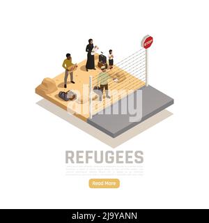 Réfugiés apatrides concept isométrique avec groupe d'immigrants à point de contrôle de bordure nécessitant une illustration vectorielle d'aide Illustration de Vecteur