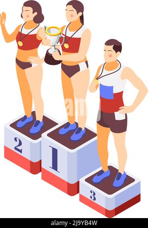 Course à pied personnes accessoires de fitness composition isométrique avec image isolée des gagnants podium avec illustration vectorielle des athlètes Illustration de Vecteur