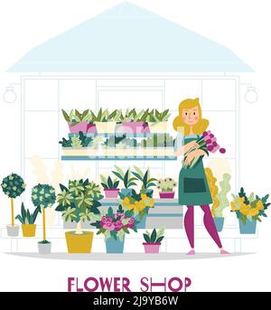 Fleuriste vendeur fleurs composition boutique avec vue sur le kiosque avec fleurs sur les étagères et illustration vectorielle de personnage féminin Illustration de Vecteur