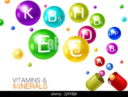 Multivitamines essentielles avec des minéraux en capsules pilules composition réaliste et colorée avec illustration vectorielle de billes de vitamines volantes en 3d Illustration de Vecteur