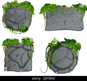 Éléments décoratifs de jardin en pierre grise avec feuilles de liana de forêt tropicale de pluie 4 signes de dessin animé ensemble illustration vectorielle Illustration de Vecteur