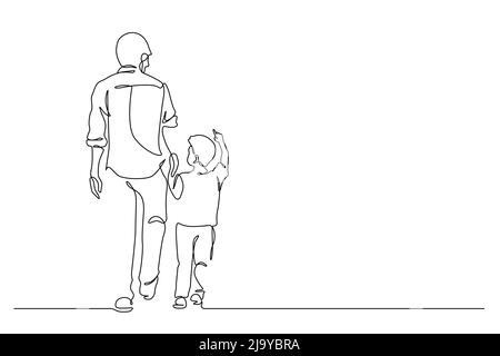 Père marchant avec son fils et tenant les mains dessin vectoriel. Mise en plan d'une ligne et style continu Illustration de Vecteur