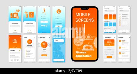 Écrans mobiles avec interface utilisateur de l'application fitness avec champs de nom d'utilisateur et de mot de passe et résultats d'entraînement illustration vectorielle plate isolée Illustration de Vecteur
