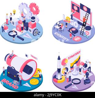 L'identité de la marque comme objectifs atteindre le concept de stratégie 4 circulaire isométriques compositions logo création de symboles de collaboration illustration vectorielle Illustration de Vecteur