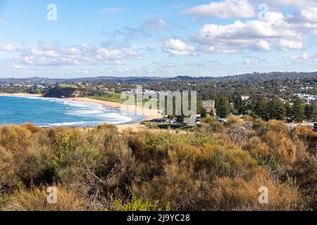 Mona Vale Beach et au loin Warriewood Beach, la côte est de Sydney, Nouvelle-Galles du Sud, Australie Banque D'Images