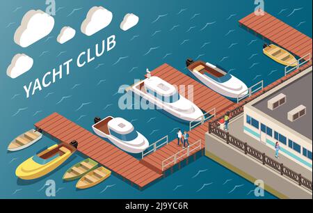 Yacht club de luxe voile et bateaux à moteur amarre installations bâtiment angle vue océan composition isométrique illustration vectorielle Illustration de Vecteur