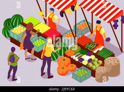 Les gens achètent des fruits et des légumes frais sur le marché de la ferme en plein air illustration du vecteur de composition isométrique 3d Illustration de Vecteur