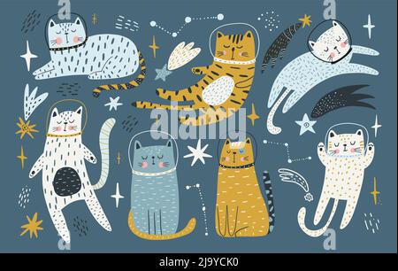 Des chats adorables qui voyagent dans l'espace. Aventure cosmonaute animal dans cosmos. Illustration vectorielle plate de feline drôle dans l'univers Illustration de Vecteur