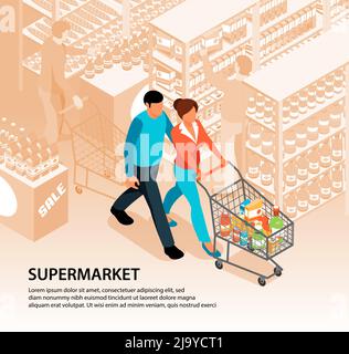 Composition isométrique de l'arrière-plan de supermarché avec texte hypermarché décor et couple personnages marchant avec l'illustration du vecteur de panier Illustration de Vecteur