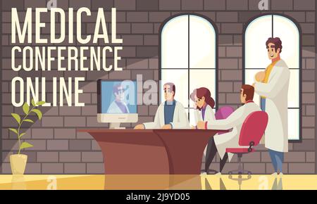Composition de conférences médicales en ligne avec des médecins au bureau lors d'une conférence en ligne via l'illustration de vecteur informatique Illustration de Vecteur