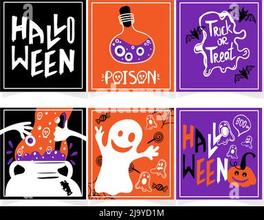 Cartes de vœux d'Halloween avec texte manuscrit. Un ensemble de personnages traditionnels, dessinés à la main dans le style des caniche. Empoisonner dans une bouteille, les chauves-souris et les fantômes avec Illustration de Vecteur