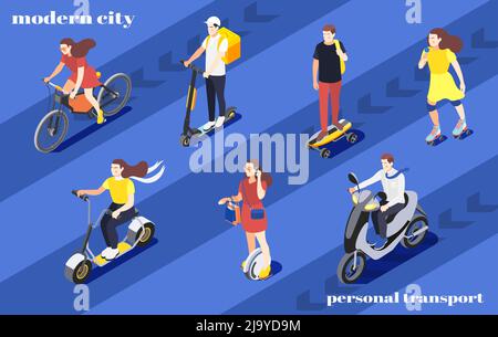 Hommes et femmes à vélo monocycle scooter patins à roulettes skateboard illustration vectorielle 3d d'arrière-plan isométrique autour de la ville Illustration de Vecteur