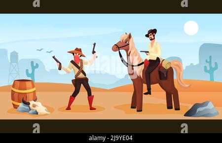 Affiche de dessin animé sauvage de couleur ouest avec cowboy équitation réunion cheval avec gangster tenant deux canons illustration vectorielle Illustration de Vecteur