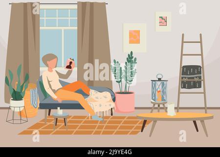 Style de vie hygge fond plat avec femme de détente et intérieur élégant du salon avec décor mobilier illustration vectorielle Illustration de Vecteur