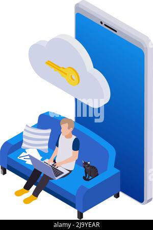 Gestion à distance travail distant icônes isométriques composition avec homme assis sur un canapé avec icône de nuage clé et illustration de vecteur de smartphone Illustration de Vecteur