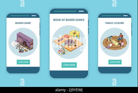 Personnes jouant à des jeux de société ensemble isométrique de trois bannières verticales avec en savoir plus boutons et images illustration vectorielle Illustration de Vecteur