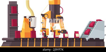 Icône de dessin animé avec bras robotisés automatisés emballant des marchandises sur l'illustration de vecteur de convoyeur en mouvement Illustration de Vecteur