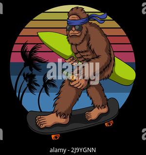 Bigfoot fait du skateboard sur l'illustration du vecteur de plage Illustration de Vecteur