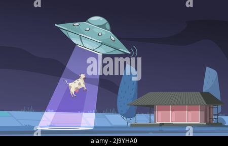 Composition de la vache extra-terrestre avec vue de nuit extérieure du champ et illustration du vecteur de vache d'enlèvement de rayons de lumière d'ovni Illustration de Vecteur
