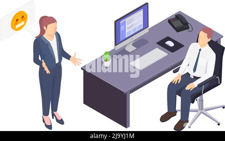 Situations problématiques au travail icône isométrique avec illustration vectorielle 3d pour deux employés de bureau Illustration de Vecteur