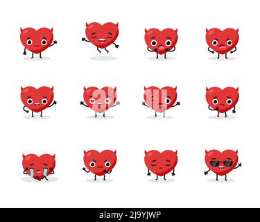 Plat rouge collection émotions mal coeur tête face avec des cornes. Illustration de Vecteur