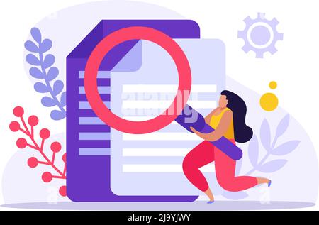Icône de recherche de travaux à plat avec documents papier colorés et illustration vectorielle avec loupe comportant des caractères Illustration de Vecteur