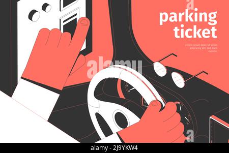 Arrière-plan isométrique du ticket de stationnement avec mains humaines appuyant sur le bouton de la machine à billets avec volant et illustration vectorielle Illustration de Vecteur