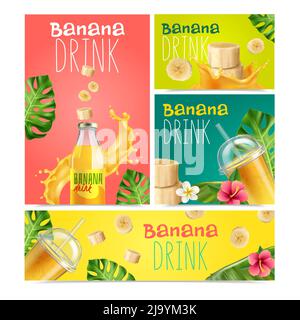 Banane boisson bannières réalistes ensemble de tranches de fruits bouteille et verres avec illustration de vecteur de boisson douce Illustration de Vecteur