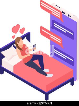 Relations virtuelles en ligne datant composition isométrique avec fille couché dans le lit chat avec l'amant dans l'illustration de vecteur d'application de smartphone Illustration de Vecteur