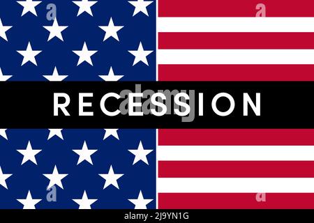 La récession est une contraction du cycle économique lorsqu'il y a une baisse générale de l'activité économique. Le mot récession sur fond de drapeau américain Banque D'Images