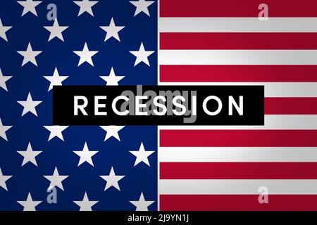 La récession est une contraction du cycle économique lorsqu'il y a une baisse générale de l'activité économique. Le mot récession sur fond de drapeau américain Banque D'Images