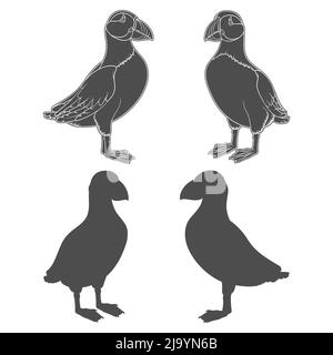 Jeu d'illustrations en noir et blanc avec oiseau de macareux. Objets vectoriels isolés sur fond blanc. Illustration de Vecteur
