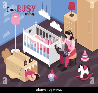 Composition isométrique super maman avec texte et décor de chambre d'enfant avec enfants dormant et illustration de mère de travail vecteur Illustration de Vecteur