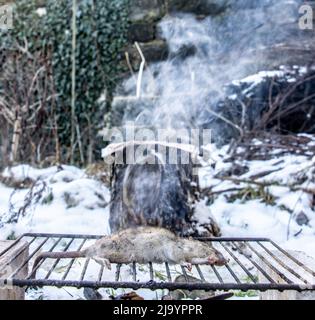 Un rat au-dessus d'un feu est grillé sur la grille dans un paysage d'hiver, vue rapprochée. Banque D'Images