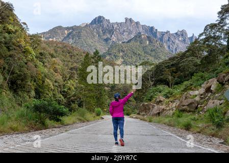 Vue arrière d'une femme avec un bras soulevé devant le mont Kinabalu à Kundassang Sabah Bornéo en Malaisie Banque D'Images