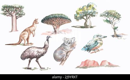 Animaux oiseaux arbres Australie aquarelle illustration dessinée à la main grand ensemble séparément kangaroo ostruch koala kookaburra arbres et la nature Banque D'Images