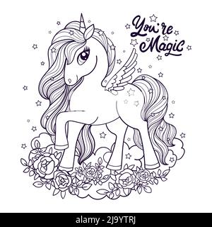 ou sont du texte magique. Belle licorne dessin linéaire noir et blanc. Vecteur Illustration de Vecteur