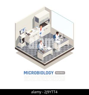 Composition isométrique avec des scientifiques travaillant dans l'illustration vectorielle 3d de laboratoire de microbiologie Illustration de Vecteur