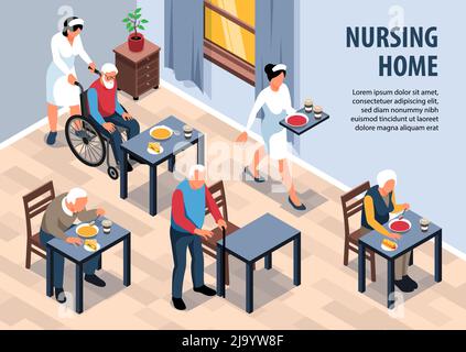 Composition isométrique de l'arrière-plan de la maison de soins infirmiers avec vue de la salle à manger dans le complexe des aînés avec illustration vectorielle de texte modifiable Illustration de Vecteur