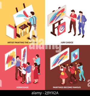 Concept de conception de galerie d'art isométrique avec 2x2 jeux de compositions avec les participants à l'exposition artistes et peintures illustration vectorielle Illustration de Vecteur