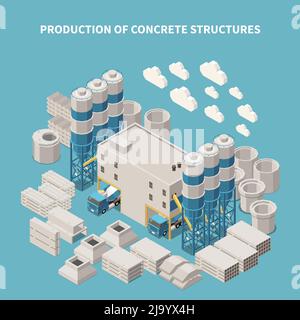 Composition isométrique et colorée de la production de ciment de béton avec production de structures de béton description illustration vectorielle Illustration de Vecteur