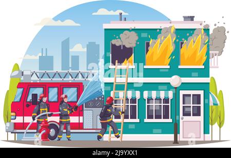 La composition ronde des pompiers est composée d'un fond urbain et d'une maison en feu avec une équipe de pompiers qui met en scène des illustrations vectorielles Illustration de Vecteur