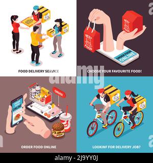 Concept de conception de nourriture de livraison isométrique avec des compositions 2x2 ensemble de légendes de texte et des images de l'illustration de vecteur de repas de fastfood Illustration de Vecteur